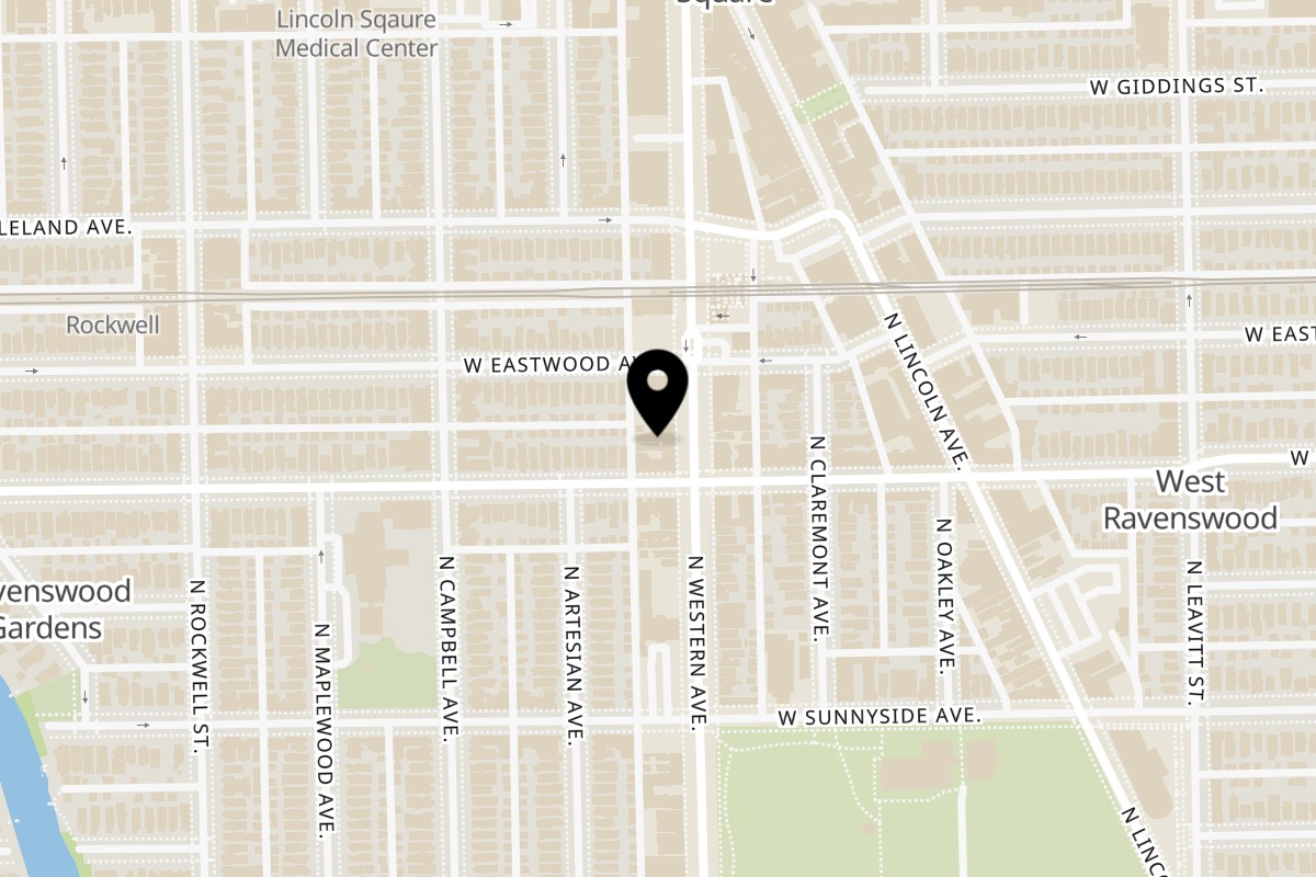 Map showing the location of Sen Thai & Ramen Restaurant on 4608 N Western Ave in Chicago